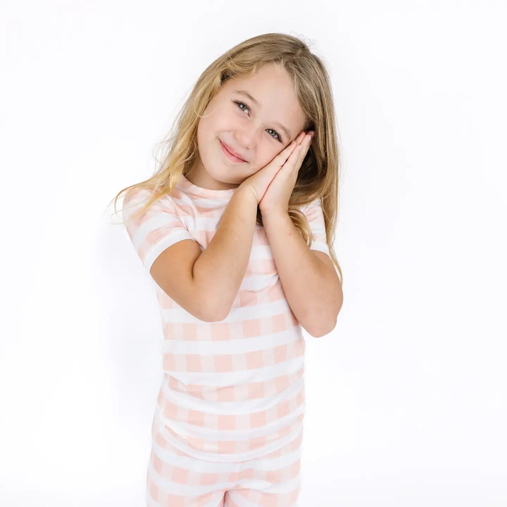 Pink Gingham Two-Piece Bamboo Short Sleeve Pajama Kids Pants Set