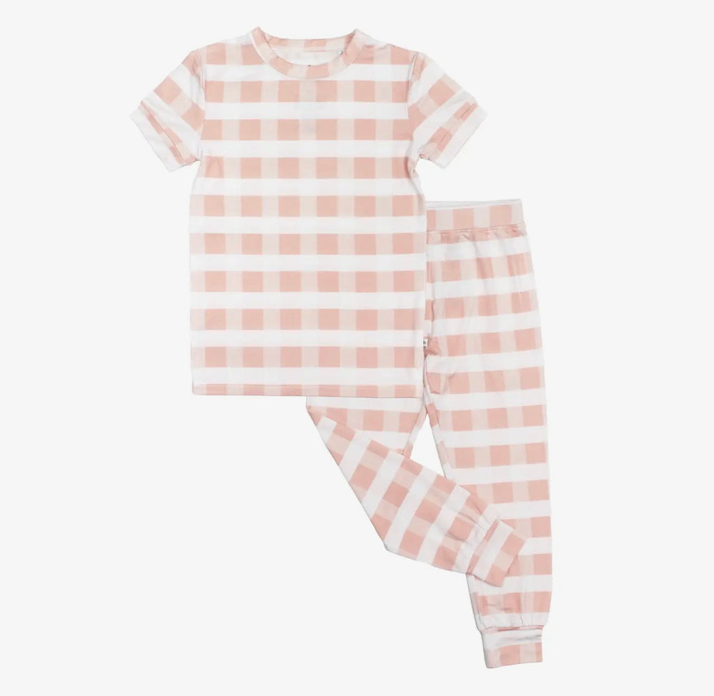 Pink Gingham Two-Piece Bamboo Short Sleeve Pajama Kids Pants Set